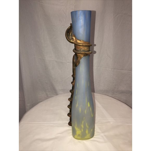 Handmade Blown Vase Engraved With Metal Blue Yellow Art Nouveau Style - Picture 2 of 9
